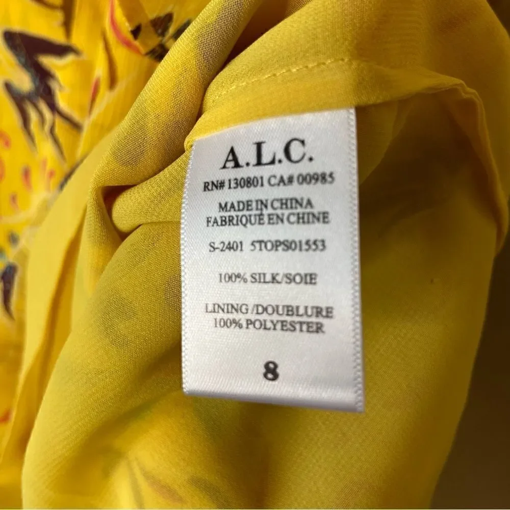 NWT A.L.C. Birds of Paradise 100% Silk Yellow Top Blouse Floral Size M